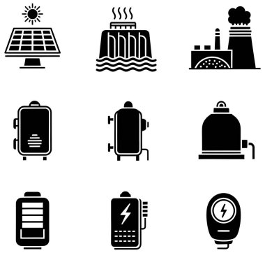 Bu resim enerji sistemleriyle ilgili dokuz katı siyah simgenin bir koleksiyonunu sunar. En üstteki sıra, bir güneş paneli, bir hidroelektrik barajı ve bacası olan bir elektrik santrali de dahil olmak üzere enerji üretim kaynaklarını gösteriyor. Orta satır çeşitli özellikler içerir