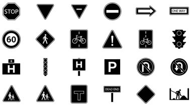 Bu resim çeşitli yol güvenlik işaretlerini temsil eden siyah ve beyaz vektör simgelerinin kapsamlı bir koleksiyonunu gösterir. Söz konusu işaretler arasında 