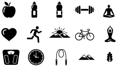 Bu resim sağlığın ve sağlığın çeşitli yönlerini temsil eden kapsamlı siyah siluet simgelerini içerir. Koleksiyonda halter, koşu figürü, bisiklet ve atlama halatı gibi fiziksel egzersiz sembolleri yer alıyor.