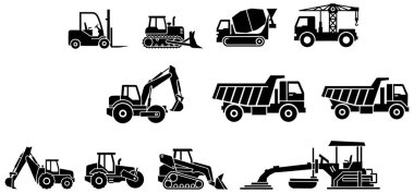 Bu resim, çeşitli ağır inşaat ekipmanı ve araçlarını temsil eden basit siyah beyaz simgelerden oluşan bir koleksiyona sahiptir. Simgeler düz beyaz arkaplana karşı birden fazla sıra halinde dizilmiştir. Koleksiyon ortak makineyi içeriyor