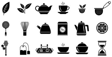 Bu resim çay hazırlama ve servis ile ilgili siyah beyaz siluet ikonlarının kapsamlı bir koleksiyonunu gösterir. İkonlar çay deneyiminin çeşitli yönlerini kapsıyor, çay yaprakları ve limon dilimleri gibi hammaddelerden kap kacak ve...