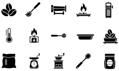 Kahve üretimi ve hazırlanmasında kullanılan çeşitli aşamaları ve araçları gösteren kapsamlı bir siyah siluet ikonu seti. İkonlar kahve çekirdeklerini, kızartma makinesi ve ısı kaynakları gibi farklı türde kızartma ekipmanlarını, ölçüm aletlerini tasvir ediyor.