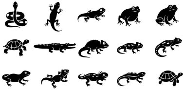 Bu resim, çeşitli sürüngenleri ve amfibileri temsil eden 15 adet siyah siluet simgesini göstermektedir. Koleksiyonda bir yılan, kertenkele, bukalemun ve iguana gibi farklı türde kertenkelelerin yanı sıra iki kurbağa, bir timsah ve iki kaplumbağa yer alıyor.