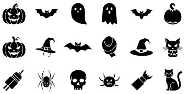 Klasik Cadılar Bayramı temalarını temsil eden siyah siluet simgelerinin detaylı bir görüntüsü. Koleksiyonda bayramla ilgili çeşitli semboller yer alıyor, oyulmuş balkabakları, uçan yarasalar, ürkütücü hayaletler, sivri uçlu cadı şapkaları gibi.,