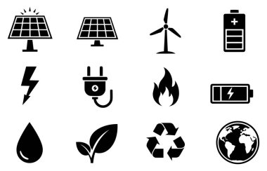 Bu resim, yenilenebilir enerji ve çevre korumasının çeşitli yönlerini temsil eden bir dizi siyah ve beyaz simgeyi göstermektedir. Simgeler arasında iki tür güneş paneli, bir rüzgar türbini ve elektrik enerjisi üretimi için çeşitli semboller ve sto yer alıyor.