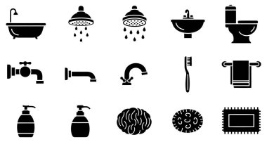 Bu resim banyo armatürleri ve aksesuarlarıyla ilgili siyah siluet simgelerini gösterir. Koleksiyonda küvet, duş başlığı, lavabo, tuvalet, çeşitli musluklar ve borular, diş fırçası, havlu askısı gibi ortak banyo malzemeleri yer alıyor.