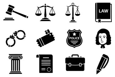 Bu resim, hukuk, adalet ve hukuk sistemiyle ilgili çeşitli kavramları gösteren, bir ızgarada sıralanmış 12 siyah-beyaz daire simgesinden oluşan bir koleksiyonu göstermektedir. İkonlar arasında bir tokmak ve ses bloğu, iki adalet terazisi, bir hukuk kitabı, bir handcu