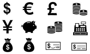 Bu resim, finans ve para birimi ile ilgili üç sıra ve dört sütundan oluşan bir ızgarada sıralanmış on iki minimalist siyah ve beyaz simge koleksiyonunu gösterir. En üstteki satırda belirgin para birimi sembolleri yer alıyor: dolar işareti ($), avro işareti (? ), a