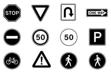 Basit bir siyah beyaz grafik formatında sunulan on iki temel yol işaretinden oluşan bir çeşitlilik. İşaretler arasında One Way, U-turn ve Park gibi bilgilendirme işaretlerinin yanı sıra DUR, Give Way, No Limit 50 ve Speed Limit 50 gibi düzenleyici sinyaller yer almaktadır.