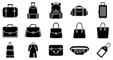 Çeşitli seyahat çantaları, çantalar ve ilgili aksesuarları gösteren kapsamlı siyah siluet simgeleri. Koleksiyonda bavullar, çantalar, çantalar, çantalar, çantalar, çantalar, çantalar gibi farklı tasarımlar yer alıyor.