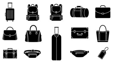 Bu resim, genellikle seyahat ve günlük amaçlar için kullanılan çeşitli çanta ve bavulları temsil eden beyaz arkaplanda bir dizi siyah siluet simgesi göstermektedir. Koleksiyonda yuvarlanan bir bavul, çoklu sırt çantaları, bir duff