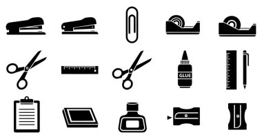 Çeşitli temel ofis ve okul malzemelerini tasvir eden siyah siluet simgelerinden oluşan bir koleksiyon. Simgeler düz beyaz bir arkaplan üzerinde ızgara deseni şeklinde düzenlenmiştir. Sette zımba, ataç, bant, makas, cetvel, yapıştırıcı şişesi var.,