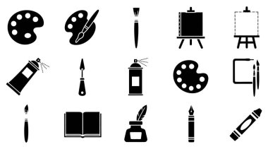 Bu resim, temiz beyaz arkaplana karşı sıralanmış çeşitli sanat malzemelerini ve yaratıcı araçları temsil eden 15 siyah siluet simgesinden oluşan bir koleksiyonu gösterir. Simgeler arasında boya paletleri, farklı boylarda ve tiplerde boya fırçaları, resim sehpası ve