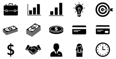 Beyaz arkaplandaki 15 siyah siluet simgesinden oluşan kapsamlı bir set, bir ızgara düzeninde düzenlenmiş. İkonlar iş, finans ve profesyonel yönetimdeki temel kavramları temsil ediyor. Koleksiyonda bir evrak çantası ve bar çizelgeleri var.