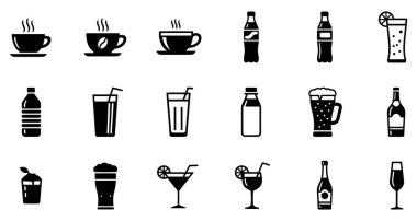 Bu resim çeşitli içecekleri temsil eden minimalist, tek renkli simgelerin kapsamlı bir koleksiyonunu gösterir. Sette kahve ya da buharlı bardaklardaki çay gibi sıcak içecekler, soda şişeleri, su şişeleri ve meyve suları gibi soğuk içecekler yer alıyor.