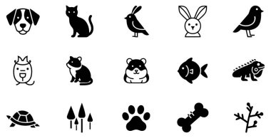 Bu resim, beyaz arka planda beş satırlık üç sıra halinde dizilmiş 15 minimalist simge koleksiyonunu gösterir. Simgeler esasen siyah siluetler veya basit çizgi sanatı, temiz ve modern bir estetik yaratıyor. Set geniş bir çeşitliliğe sahiptir.