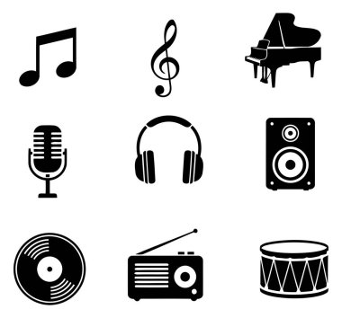 Düz beyaz bir arkaplanda 3 'e 3 bir ızgarada sergilenen 9 siyah siluet simgesi koleksiyonu. Simgeler müzik ve ses teknolojisiyle ilgili çeşitli elementleri temsil ediyor. Ögeler arasında bir çift nota, bir üç tuşlu anahtar, bir gra var.