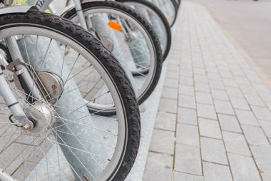 Şehir caddesindeki bisiklet parkında. Bisikletler kiralık bir park yerinde duruyor..