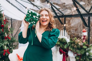 Mutlu Noeller, mutlu bayramlar. Mutlu, güzel, 30 'lu yaşlarda bir kadın Noel hediyelerini süslenmiş Noel ağacının yanında almış.