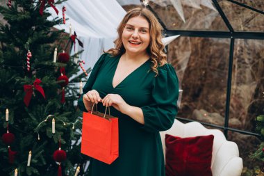 Orta yaşlı, beyaz bir kadın elinde Noel hediyesi çantası tutarak gülümsüyor. Kış ve tatiller. Kutlama bayrağı, büyük satış konsepti..