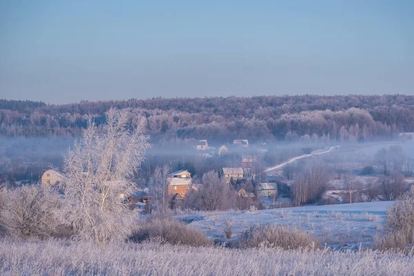 Smukke Vinterlandskab Med Udsigt Snedækkede Træer Tågen Hvid Frost Træerne - Stock-foto