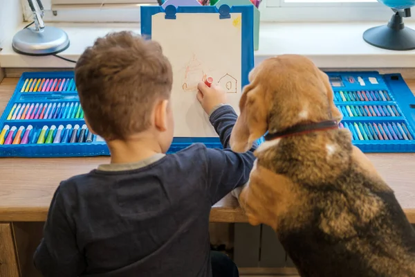 Милый Маленький Мальчик Рисует Ручками Войлочным Наконечником Сидя Столом Собака — стоковое фото