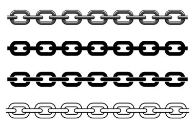 Steel chain links set black and white silhouette vector illustration isolated on white background