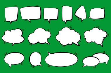 Boş Metin Balonları ve Taslak Elementlerle Çizgi Roman Biçimli El Çizimi Çizimi Çizimi Çizgi Roman Konuşma Kabarcığı Koleksiyonu, Yeşil Arkaplanda İzole Edilen Vektör Resimleri