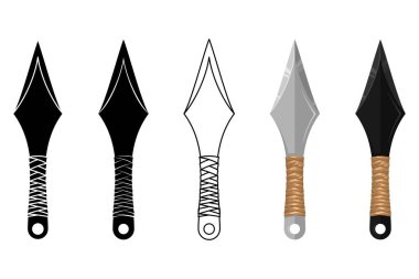 Keskin siyah ninja kunai silahının dinamik düz vektör çizimi. Kırmızı saplı, dövüş sanatları ve oyun tasarımları için mükemmel..