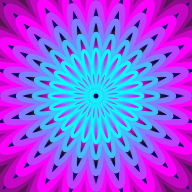 Modern arkaplanlar için parlak radyal neon, cyan ve morumsu çiçek desenli dijital soyut mandala vektör illüstrasyonunu büyülemek.
