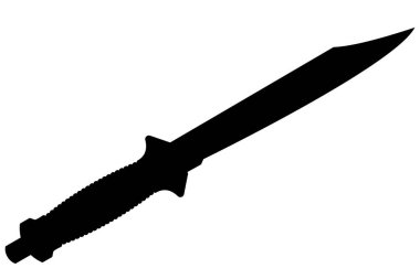 Askeri, avcılık ya da hayatta kalma temalı tasarımlar ve logolar için mükemmel olan taktiksel bir savaş bıçağı ya da hançerinin siyah siluet vektör çizimi.