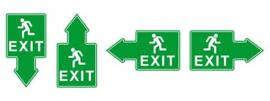 Koşan Kişinin Piktogram ve Çeşitli Yön Okları (Yukarı, Aşağı, Sol, Sağ) içeren Kapsamlı Yeşil Acil Durum Çıkış İşaretleri. Güvenlik ve Tahliye Rehberi.