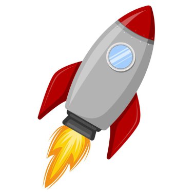 Düz Tasarım Vektör Sanatı. Ateşli Egzozla Yükselen Kırmızı ve Gri Roket Gemisi, Yeni Başlangıçları, Hırsı ve Teknolojik İlerlemeyi Sembolize Ediyor