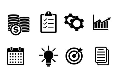 Modern Düz Vektör İş, Finans ve Pazarlama Simgeleri: Strateji, Büyüme, Fikirler, Planlama, Analiz ve Yönetim Temsilcisi.