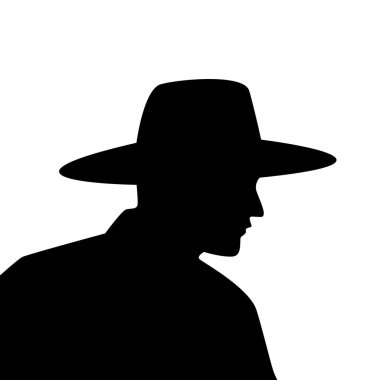 Şapka siluet profil çizimi, minimalist düz tasarım, gizemli kovboy dedektif ya da çiftçi ikonu, batı teması, kara film konsepti ve gizemli sanat için beyaz arka planda izole edilmiş bir adam..