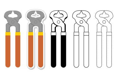 Kerpeten kesme uçları marangozluk aracı vektörü düz etiket kalın dış hat ve noktalı iz sürme biçimleri yapı diy ve eğitim çalışma tabloları simge kiti için beyaz izole