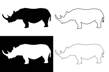 Gergedan Silueti ve Özet Vektör İllüstrasyon Seti, Safari Tema Tasarımı için Gergedan Hayvanı Grafikleri, Afrika Vahşi Yaşamı Koruma Simgesi, Beyazda İzole Edilmiş Minimalist Düz Tasarım Elementleri