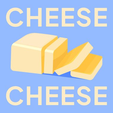 Vector yellow cheese bar with slices on white porcelain plate, organic farm nutrition. Fresh dairy milk product. Creamy healthy piece of tasty briquette.