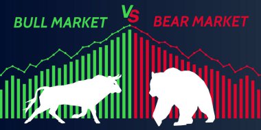 Boğa ayı borsa konsepti vektör illüstrasyonuna karşı. Boğa ve ayı pazarı. Yatırım ve iş geçmişi