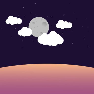 Arka plan gece görüşü. Ay, bulutlar ve yıldızlar. Mor renk