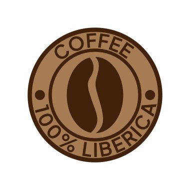 Kahve logosu. Kahve,% 100 Liberica amblemi. Yuvarlak rozetli kahverengi kahve çekirdekleri..