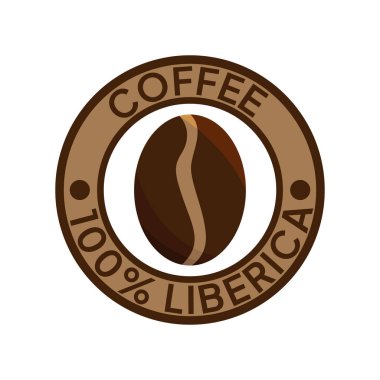Kahve logosu. Kahve,% 100 Liberica amblemi. Yuvarlak rozetli kahverengi kahve çekirdekleri..