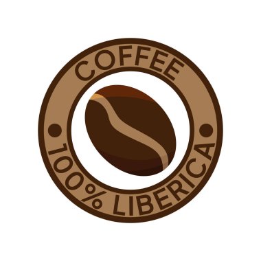 Kahve logosu. Kahve,% 100 Liberica amblemi. Yuvarlak rozetli kahverengi kahve çekirdekleri..