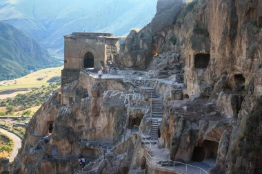 View of Vardzia, ancient cave monastery complex excavated from Erusheti Mountain on the left bank of the Mtkvari River, near Akhaltsikhe, Georgia country