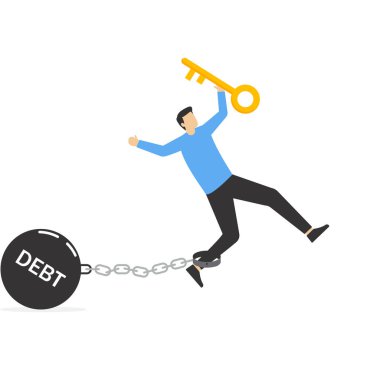 Borç zincirini çözdükten sonra işadamı sevinçten havalara uçuyor. Krediler veya taksitler, borçsuz veya borçları ödeme özgürlüğü, mali sorunları aşmak için çözümler, tasarruflar veya kendi özgürlüğünüze yönelik yatırımlar