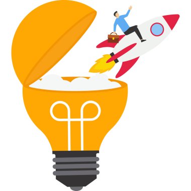 Yüksek uçan yenilikçi roket fırlatma parlak ampul fikrinden. Girişimcilik ya da girişim, yeni fikirler üretmek için yenilik, bir iş kurmak için yaratıcılık ya da çığır açan bir fikir kavramı.