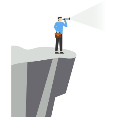 İş adamı teleskopla ufka bakıyor, gelecekteki iş trendi. Teleskop kullanarak dağda duran iş adamı başarı, fırsat ve vizyon kavramı arıyor. Çizgi film Vektör İllüstrasyonu.