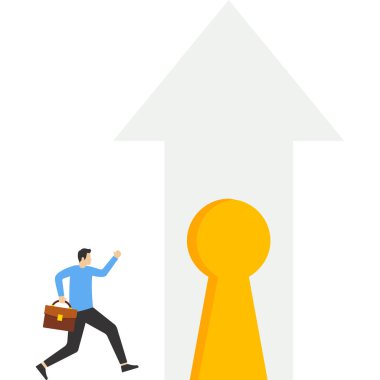 İş adamı kapıya doğru yürüdü. Işığa doğru yürüyen kişi. Başarının kapısı. Başarı yolunda olan insanlar. Bir adam kapıya doğru yürür.