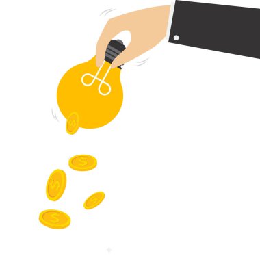 Para, finansal yenilik, iş ya da yatırım fikirleri, yaratıcılık kavramından kazanç ya da kâr etme fikri, iş adamının elinden düşen dolar parası lambayı sallama ya da ampul fikri