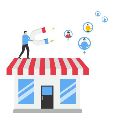 Vektör iş kadını elinde mıknatıslı megafonla müşterileri çekiyor. Dükkan müşterilerini çekme konsepti. Pazar mıknatısları sadık müşterileri çeker. çekici iş vektörü kavramı